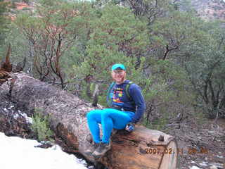 Sedona -- Secret Canyon hike -- fallen, cut tree -- Adam