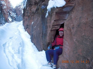 48 6ql. Zion National Park - Angels Landing hike - Adam in rock in Refrigerator Canyon