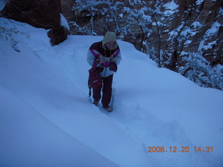59 6ql. Zion National Park - Angels Landing hike - Debbie in shadow