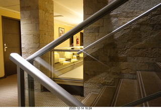 34 a0y. Argentina Eclipse Day - hotel hallway with lights reflected on the hallway floor