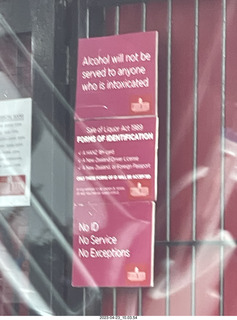 40 a1s. New Zealand driving to thermal hot springs near Rotorua - sign alcohol will not be served...